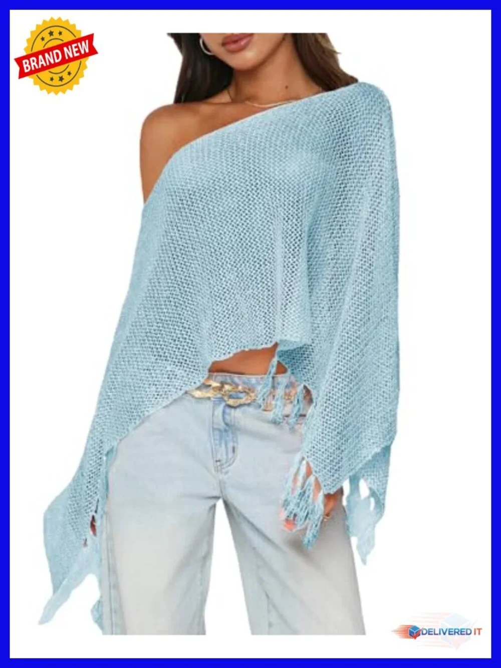 One Shoulder Sheer Knit Poncho Fringe Lightweight Summer Wrap Sweater